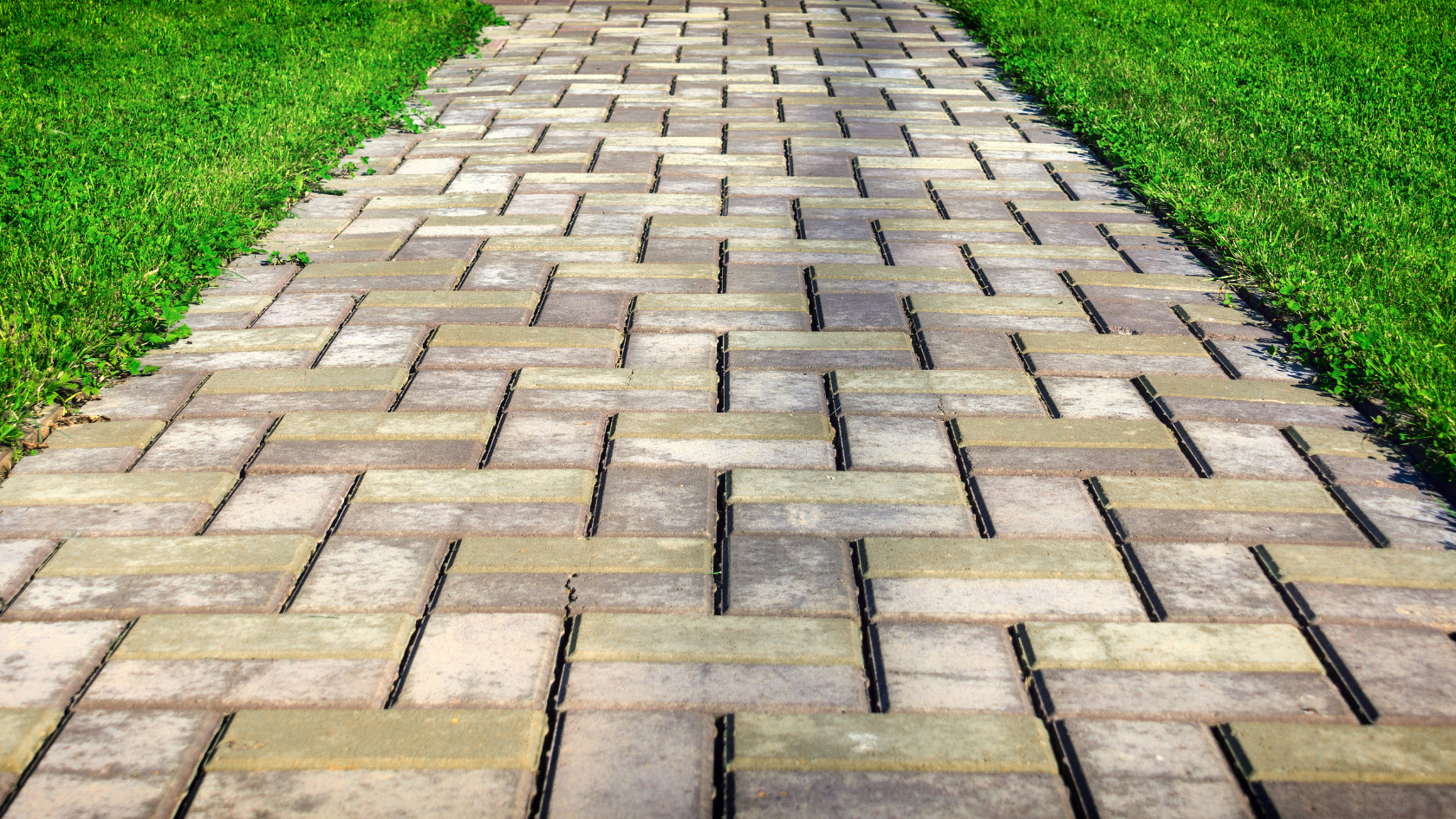 A brick path in a grassy area with a stop sign