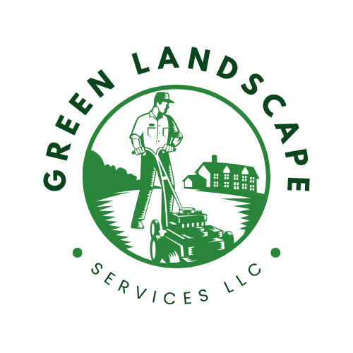 A green landscape services logo with a man on a lawn mower